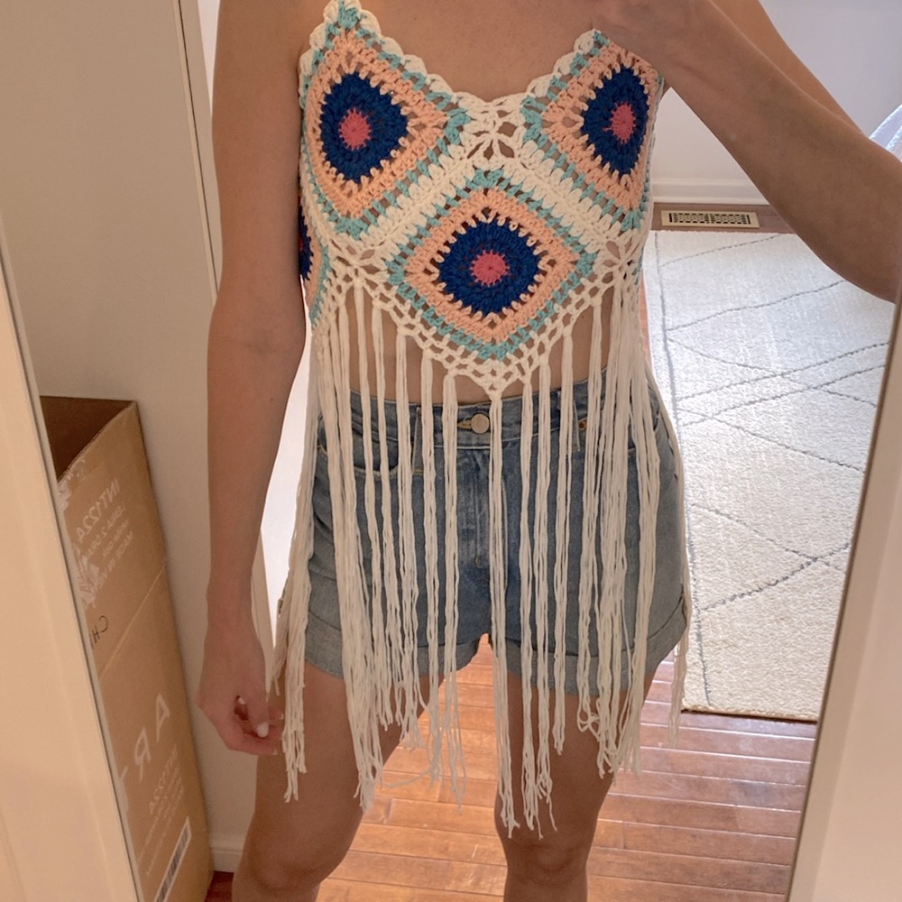 Festival crochet colorful top with long fringe. Fits S and M.